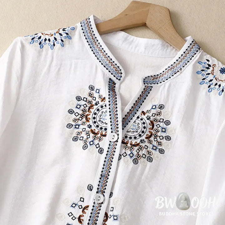 Buddha Stones Casual Women’s Bohemia Embroidery Flowers V-Neck Design Half Sleeve Cotton Linen Shirt - Women’s Shirts