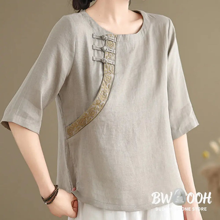 Buddha Stones Casual Women’s Embroidered Flower Pattern Frog-Button Crew Neck Design Half Sleeve Cotton Linen Shirt