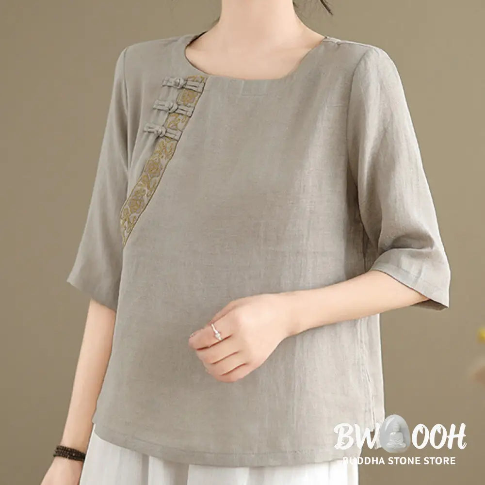 Buddha Stones Casual Women’s Embroidered Flower Pattern Frog-Button Crew Neck Design Half Sleeve Cotton Linen Shirt