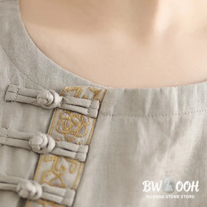 Buddha Stones Casual Women’s Embroidered Flower Pattern Frog-Button Crew Neck Design Half Sleeve Cotton Linen Shirt