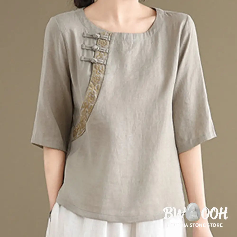 Buddha Stones Casual Women’s Embroidered Flower Pattern Frog-Button Crew Neck Design Half Sleeve Cotton Linen Shirt