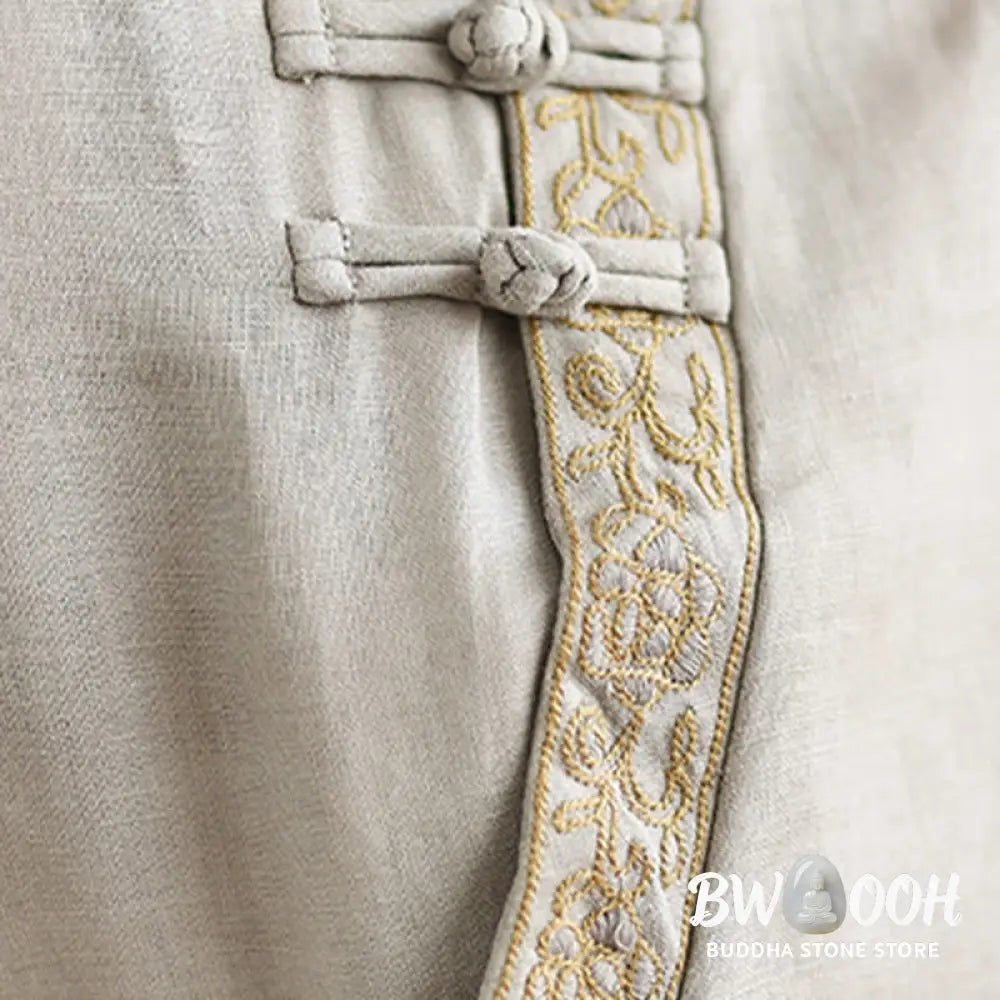 Buddha Stones Casual Women’s Embroidered Flower Pattern Frog-Button Crew Neck Design Half Sleeve Cotton Linen Shirt