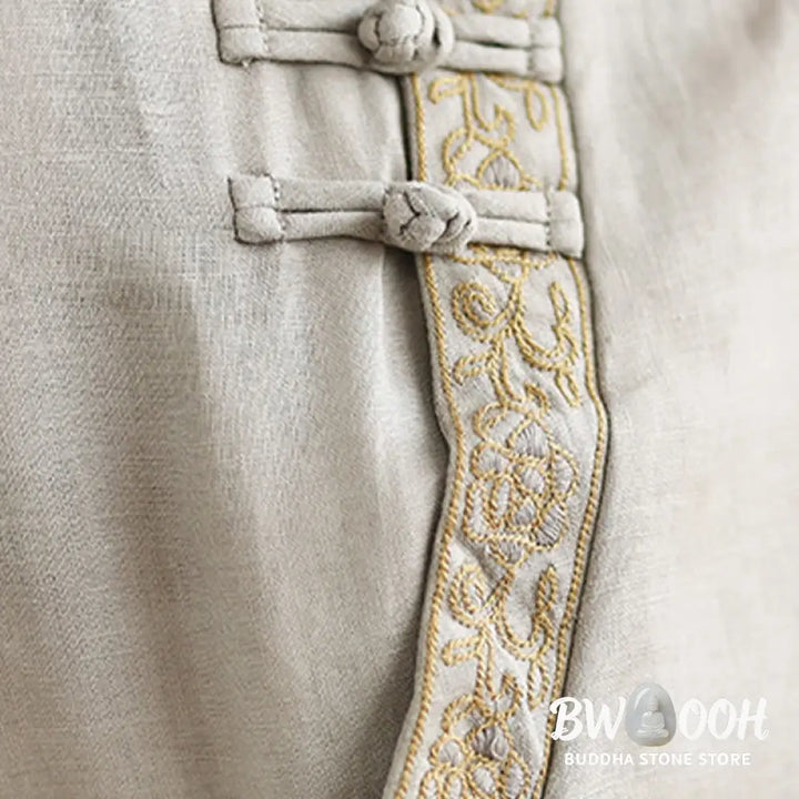 Buddha Stones Casual Women’s Embroidered Flower Pattern Frog-Button Crew Neck Design Half Sleeve Cotton Linen Shirt