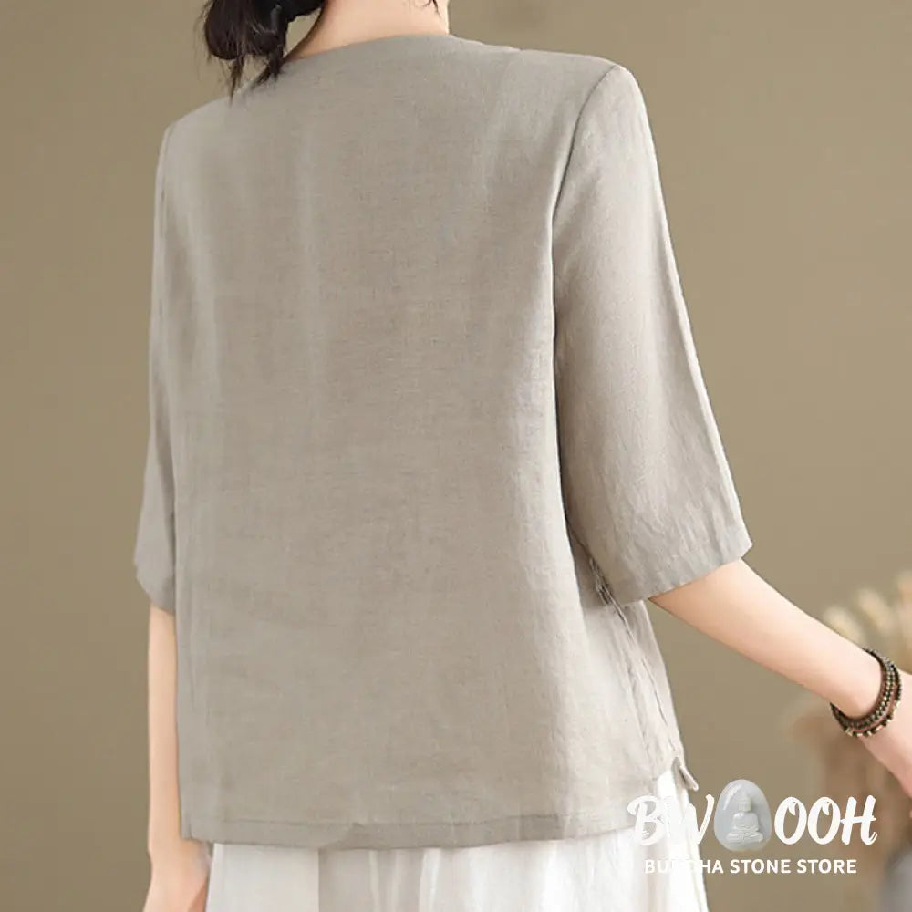 Buddha Stones Casual Women’s Embroidered Flower Pattern Frog-Button Crew Neck Design Half Sleeve Cotton Linen Shirt
