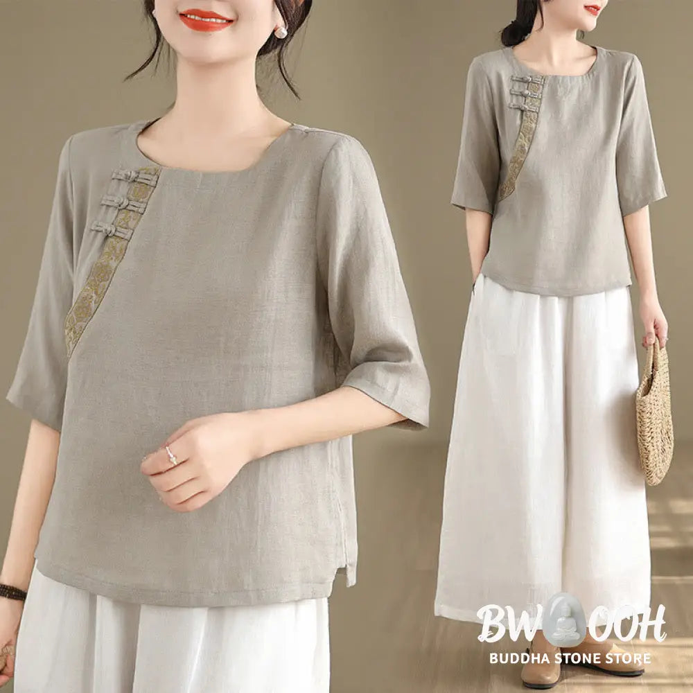 Buddha Stones Casual Women’s Embroidered Flower Pattern Frog-Button Crew Neck Design Half Sleeve Cotton Linen Shirt