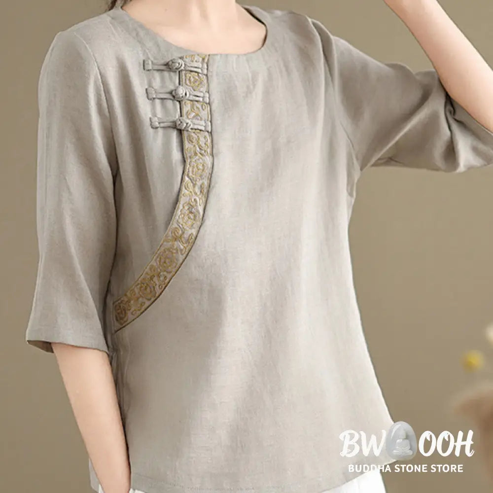 Buddha Stones Casual Women’s Embroidered Flower Pattern Frog-Button Crew Neck Design Half Sleeve Cotton Linen Shirt