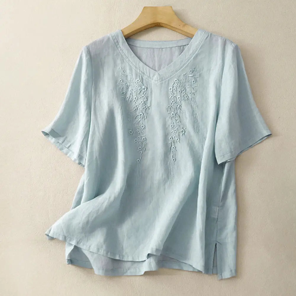 Buddha Stones Casual Women’s Embroidered Flower V-neck Design Loose Half Sleeve Cotton Linen Shirt - LightBlue
