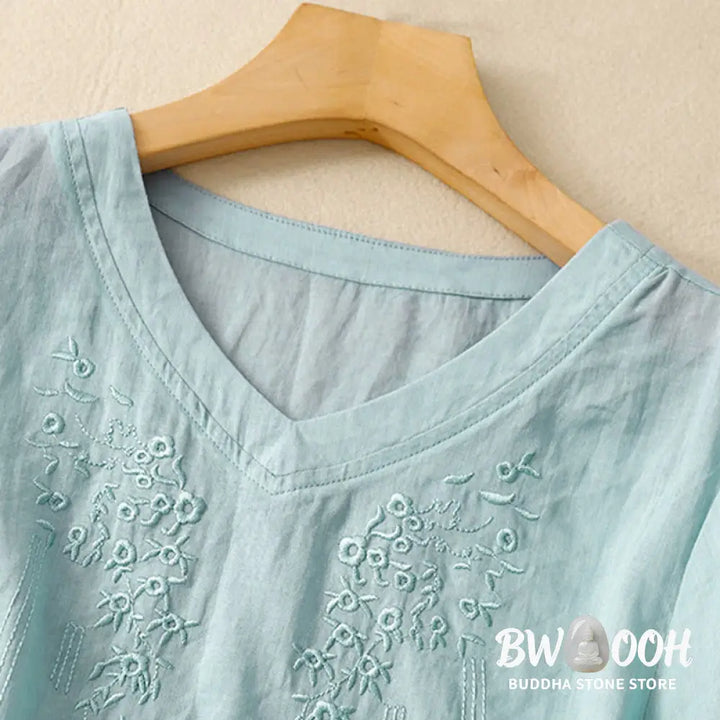 Buddha Stones Casual Women’s Embroidered Flower V-neck Design Loose Half Sleeve Cotton Linen Shirt - Women’s Shirts
