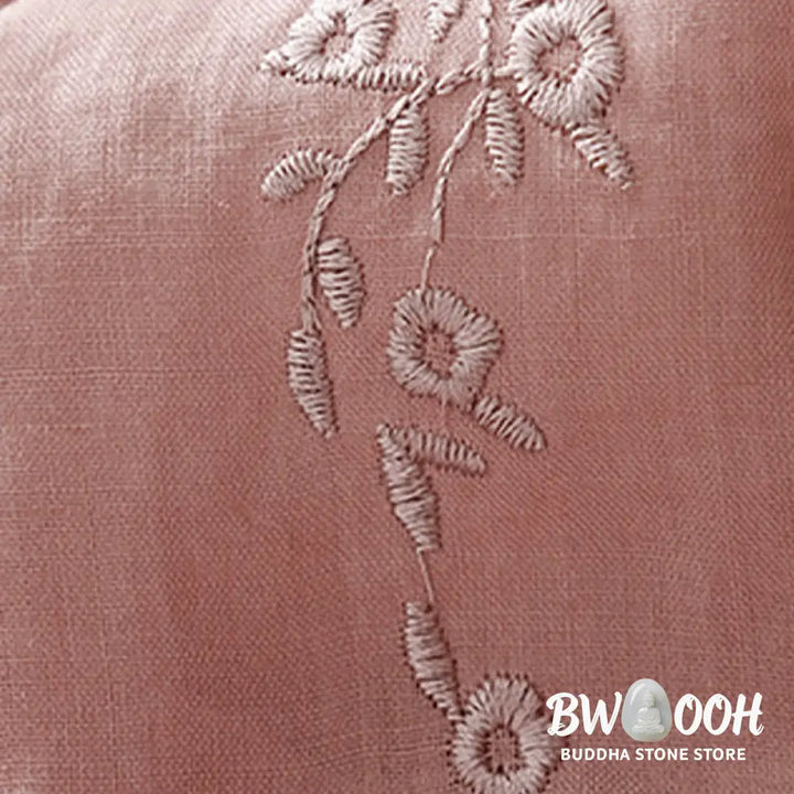 Buddha Stones Casual Women’s Embroidered Flower V-neck Design Loose Half Sleeve Cotton Linen Shirt - Women’s Shirts