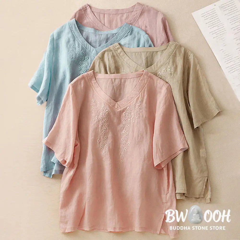 Buddha Stones Casual Women’s Embroidered Flower V-neck Design Loose Half Sleeve Cotton Linen Shirt - Women’s Shirts