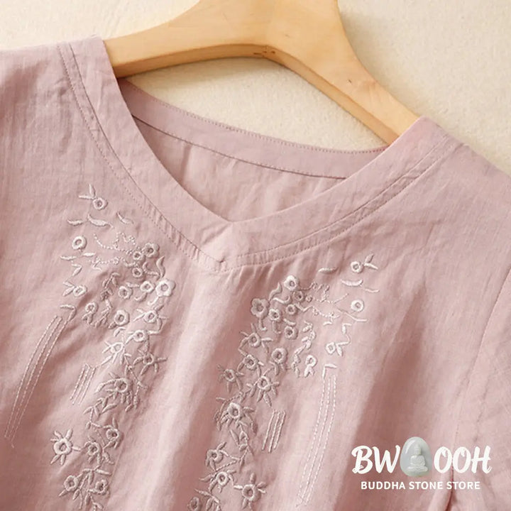 Buddha Stones Casual Women’s Embroidered Flower V-neck Design Loose Half Sleeve Cotton Linen Shirt - Women’s Shirts