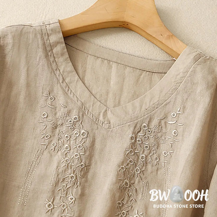 Buddha Stones Casual Women’s Embroidered Flower V-neck Design Loose Half Sleeve Cotton Linen Shirt - Women’s Shirts
