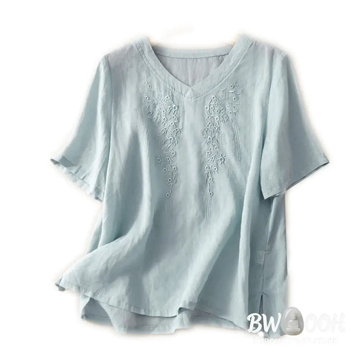 Buddha Stones Casual Women’s Embroidered Flower V-neck Design Loose Half Sleeve Cotton Linen Shirt - Women’s Shirts