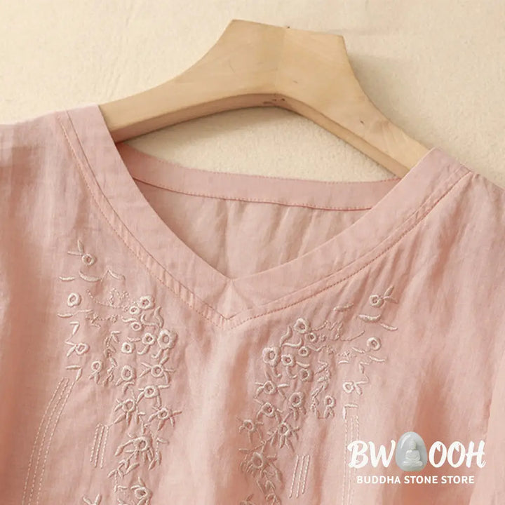 Buddha Stones Casual Women’s Embroidered Flower V-neck Design Loose Half Sleeve Cotton Linen Shirt - Women’s Shirts