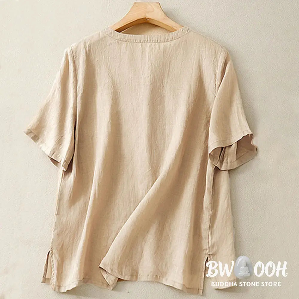 Buddha Stones Casual Women’s Embroidered Flower V-neck Design Loose Half Sleeve Cotton Linen Shirt - Women’s Shirts