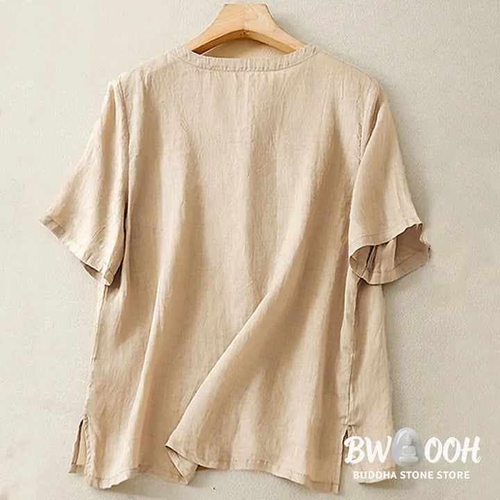Buddha Stones Casual Women’s Embroidered Flower V-neck Design Loose Half Sleeve Cotton Linen Shirt - Women’s Shirts