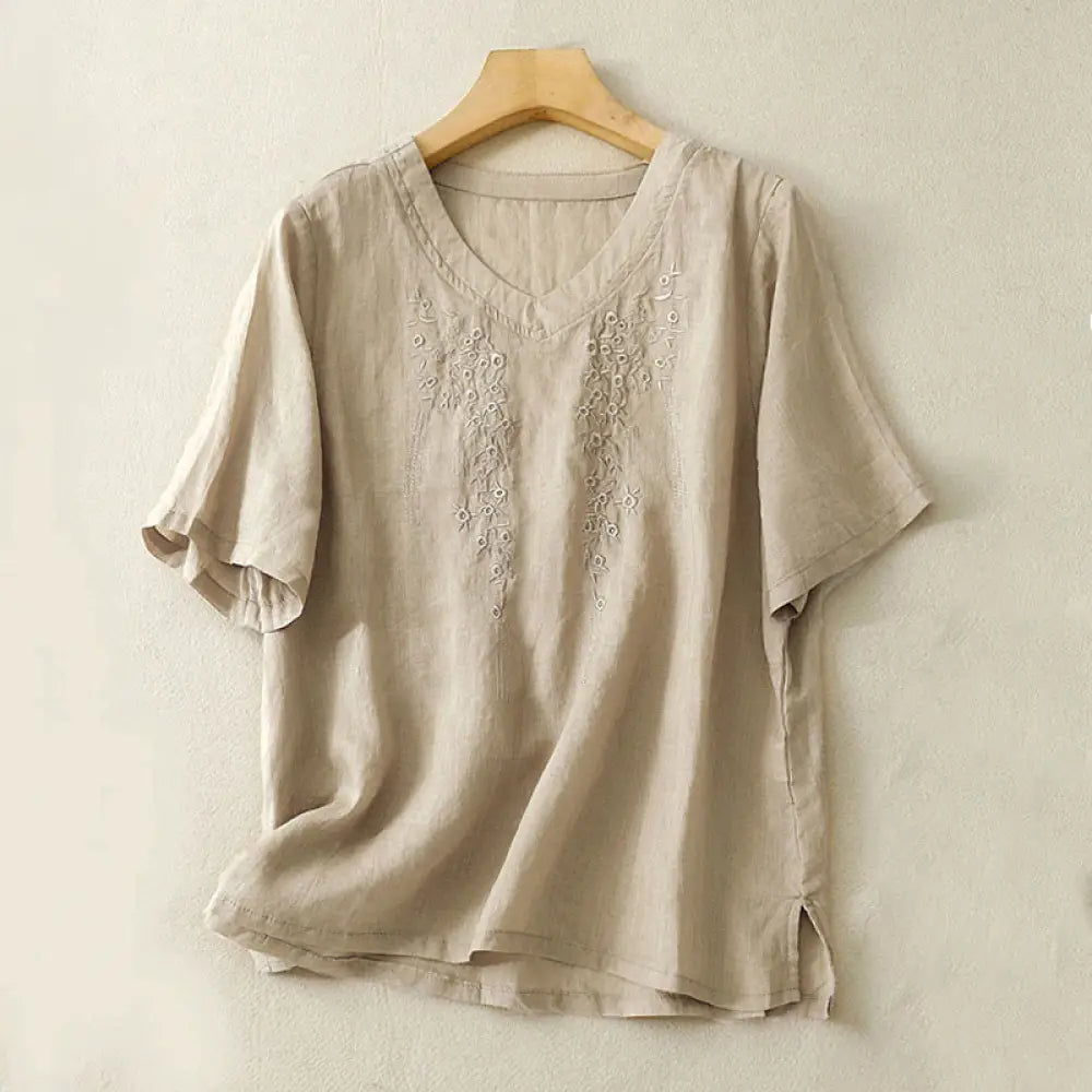 Buddha Stones Casual Women’s Embroidered Flower V-neck Design Loose Half Sleeve Cotton Linen Shirt - Tan