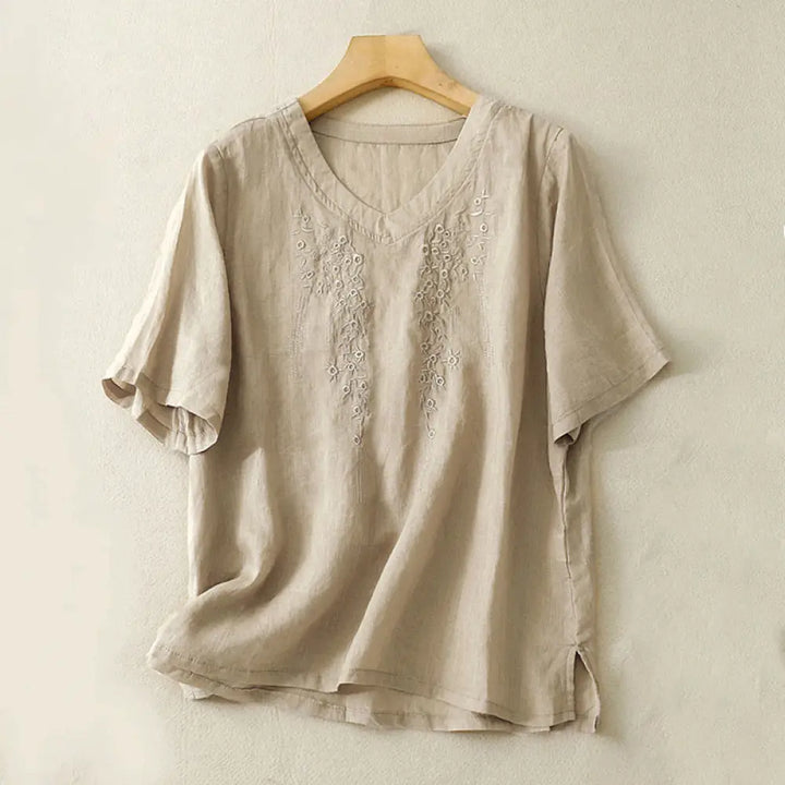 Buddha Stones Casual Women’s Embroidered Flower V-neck Design Loose Half Sleeve Cotton Linen Shirt - Tan