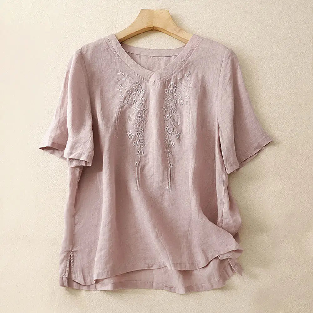 Buddha Stones Casual Women’s Embroidered Flower V-neck Design Loose Half Sleeve Cotton Linen Shirt - Thistle