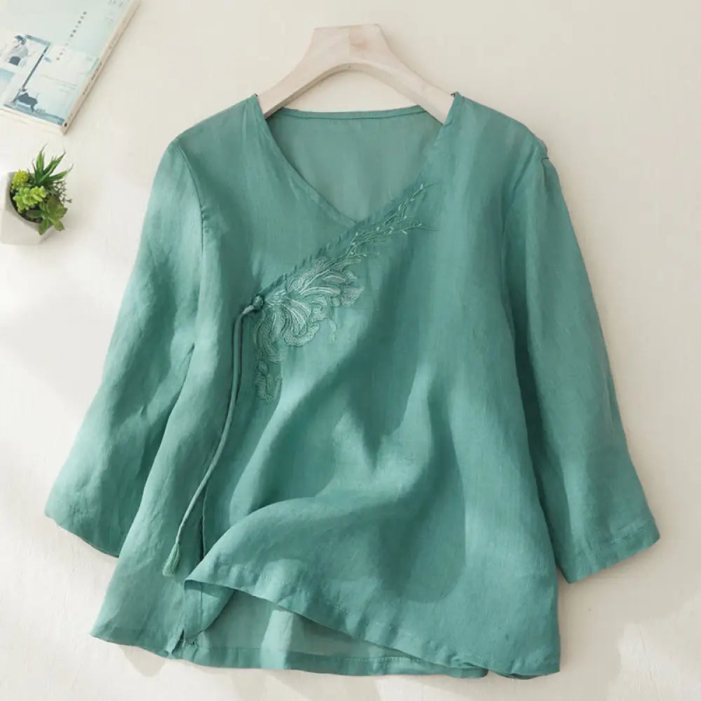 Buddha Stones Casual Women’s Embroidery Plants Design Three Quarter Sleeve Cotton Linen Shirt - LightSeaGreen
