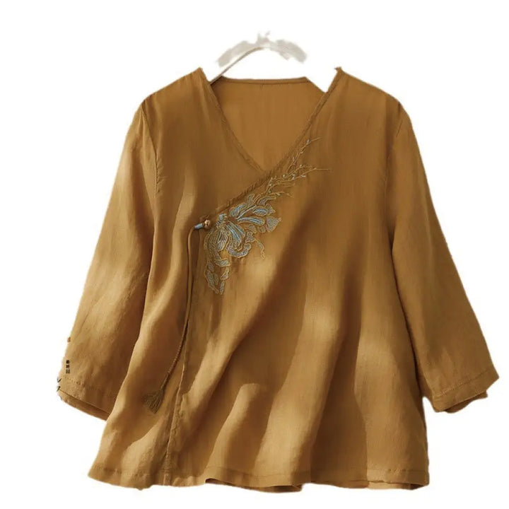 Buddha Stones Casual Women’s Embroidery Plants Design Three Quarter Sleeve Cotton Linen Shirt - Orange