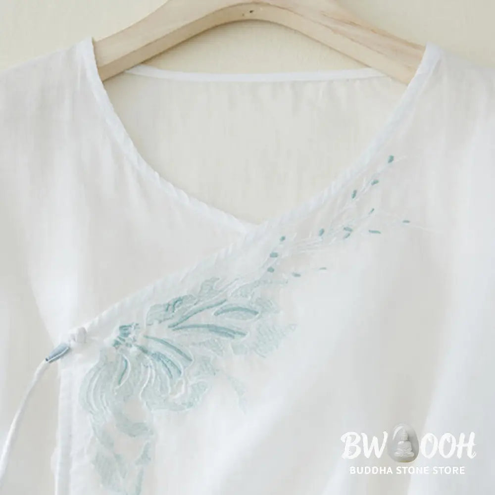 Buddha Stones Casual Women’s Embroidery Plants Design Three Quarter Sleeve Cotton Linen Shirt - Women’s Shirts
