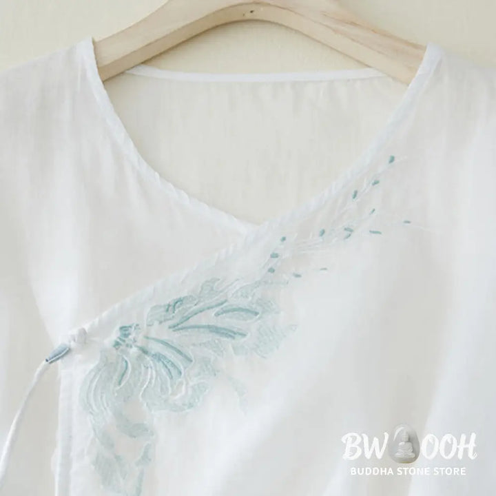 Buddha Stones Casual Women’s Embroidery Plants Design Three Quarter Sleeve Cotton Linen Shirt - Women’s Shirts