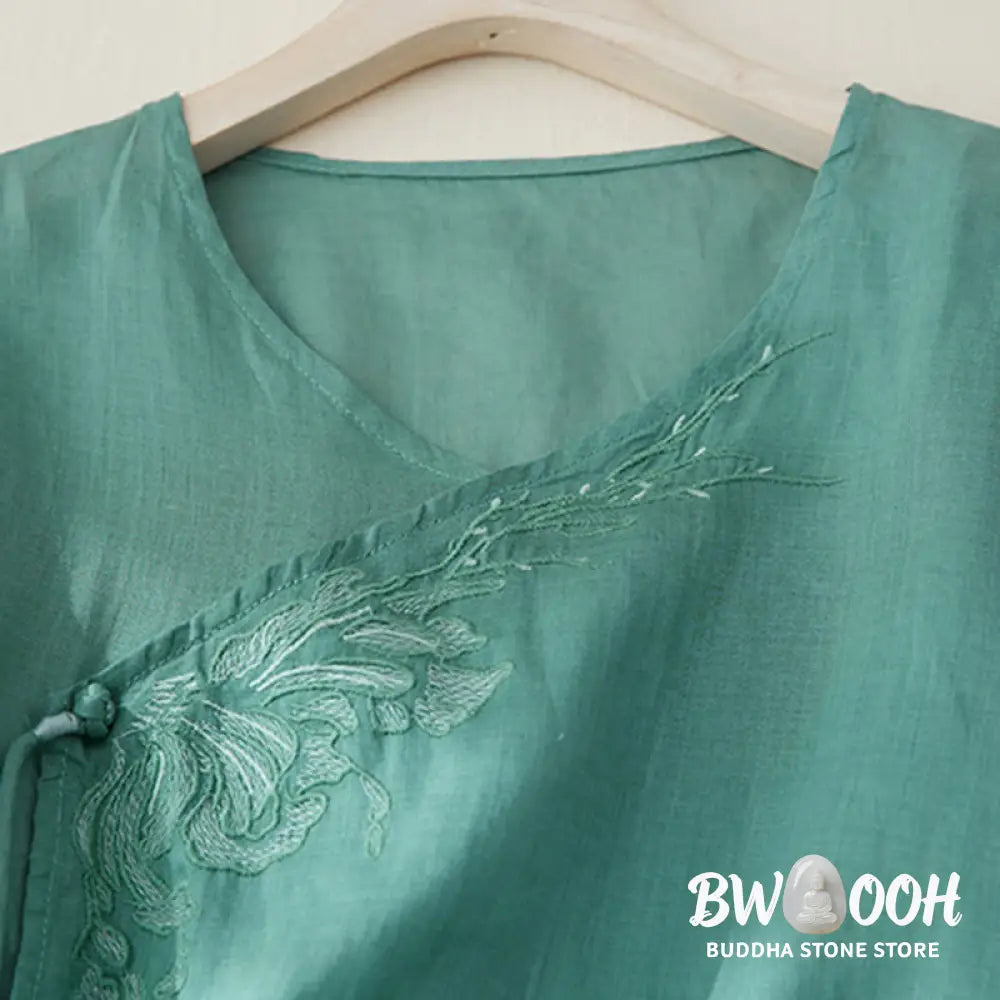 Buddha Stones Casual Women’s Embroidery Plants Design Three Quarter Sleeve Cotton Linen Shirt - Women’s Shirts
