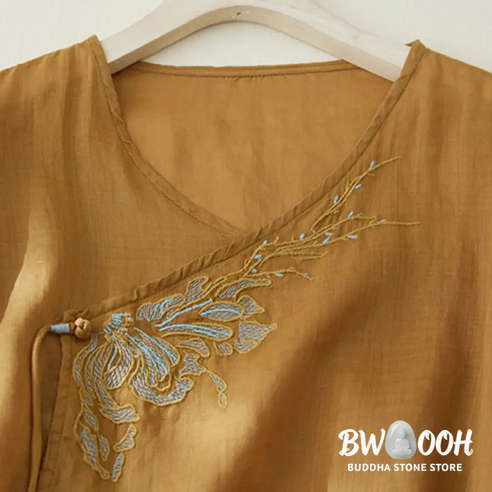 Buddha Stones Casual Women’s Embroidery Plants Design Three Quarter Sleeve Cotton Linen Shirt - Women’s Shirts