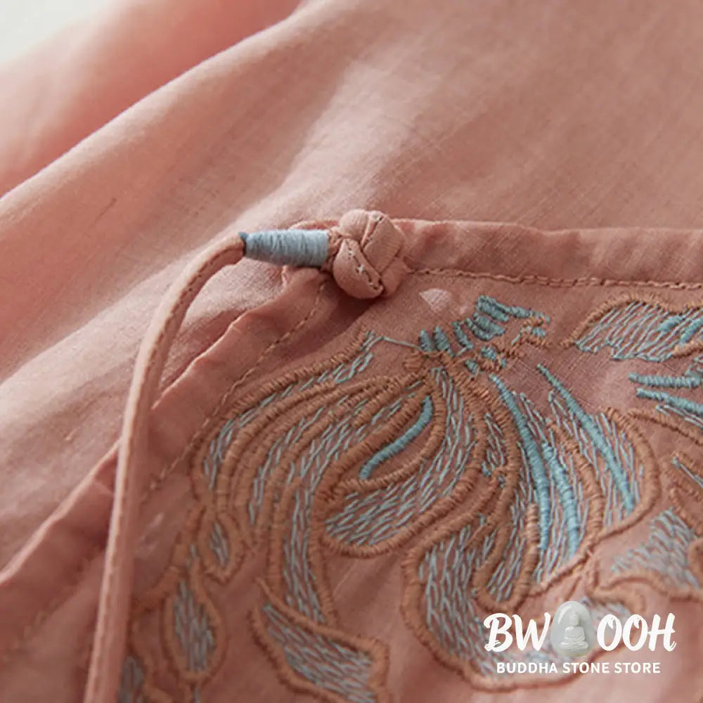 Buddha Stones Casual Women’s Embroidery Plants Design Three Quarter Sleeve Cotton Linen Shirt - Women’s Shirts