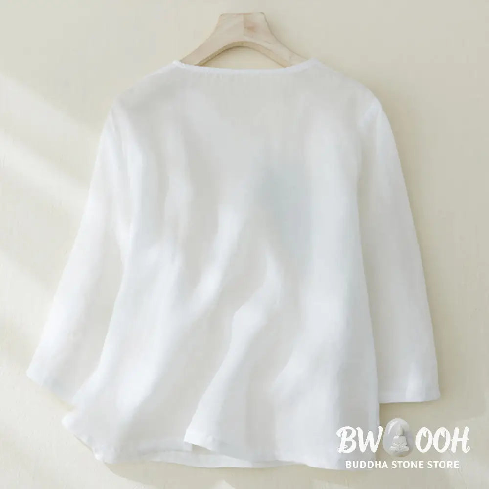 Buddha Stones Casual Women’s Embroidery Plants Design Three Quarter Sleeve Cotton Linen Shirt - Women’s Shirts