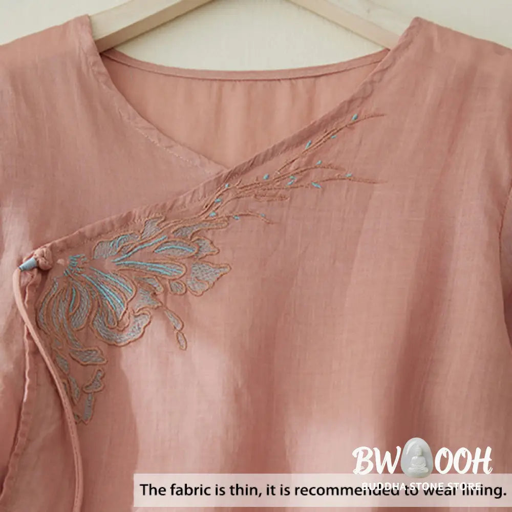 Buddha Stones Casual Women’s Embroidery Plants Design Three Quarter Sleeve Cotton Linen Shirt - Women’s Shirts
