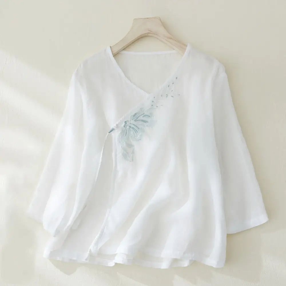 Buddha Stones Casual Women’s Embroidery Plants Design Three Quarter Sleeve Cotton Linen Shirt - White / US4，UK/AU8，EU36