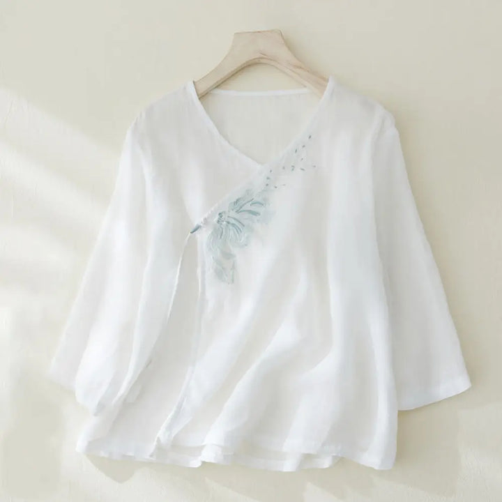 Buddha Stones Casual Women’s Embroidery Plants Design Three Quarter Sleeve Cotton Linen Shirt - White / US4，UK/AU8，EU36