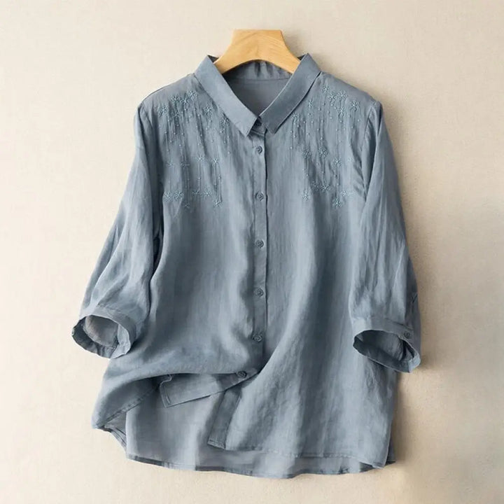Buddha Stones Casual Women’s Embroidery Standing Collar Half Sleeve Design Cotton Linen Shirt - LightBlue