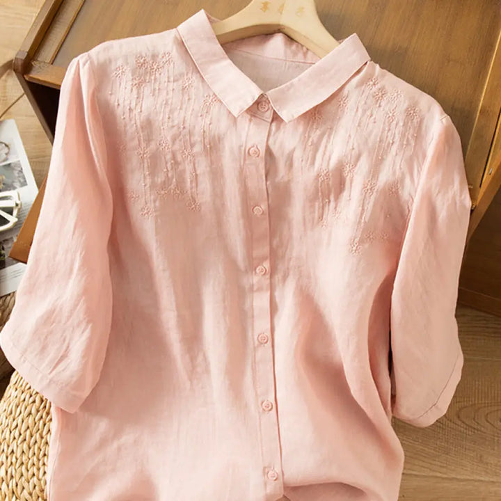 Buddha Stones Casual Women’s Embroidery Standing Collar Half Sleeve Design Cotton Linen Shirt - Pink / US4，UK/AU8，EU36