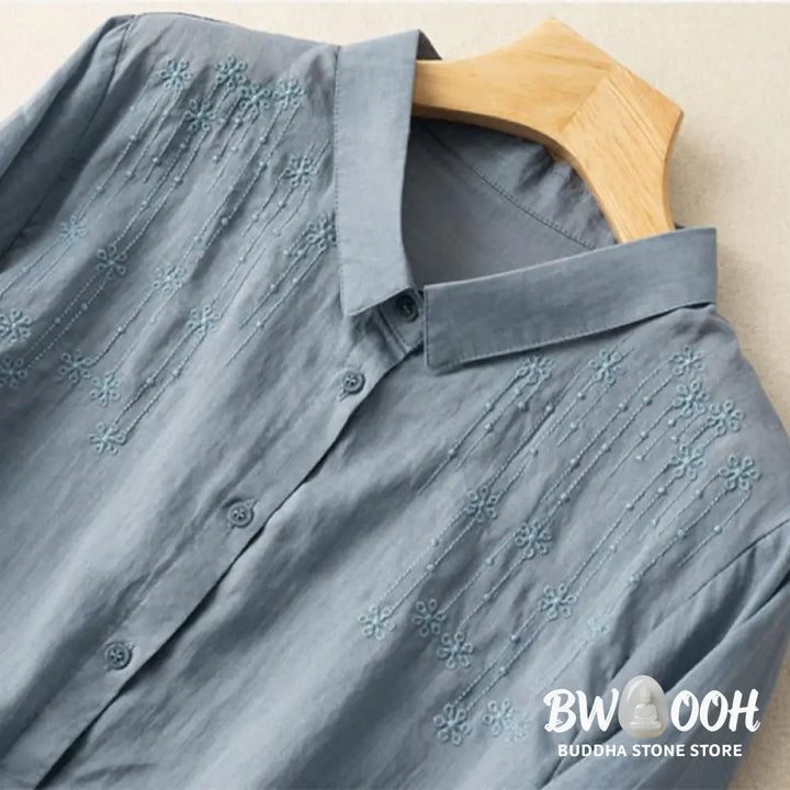 Buddha Stones Casual Women’s Embroidery Standing Collar Half Sleeve Design Cotton Linen Shirt - Women’s Shirts