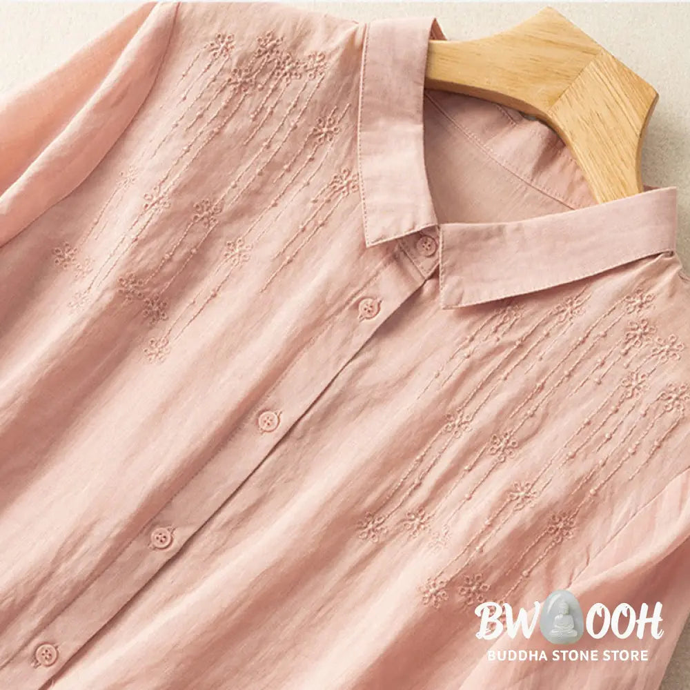 Buddha Stones Casual Women’s Embroidery Standing Collar Half Sleeve Design Cotton Linen Shirt - Women’s Shirts