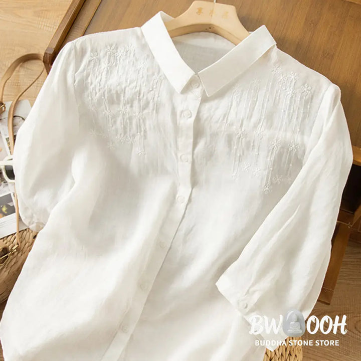 Buddha Stones Casual Women’s Embroidery Standing Collar Half Sleeve Design Cotton Linen Shirt - Women’s Shirts