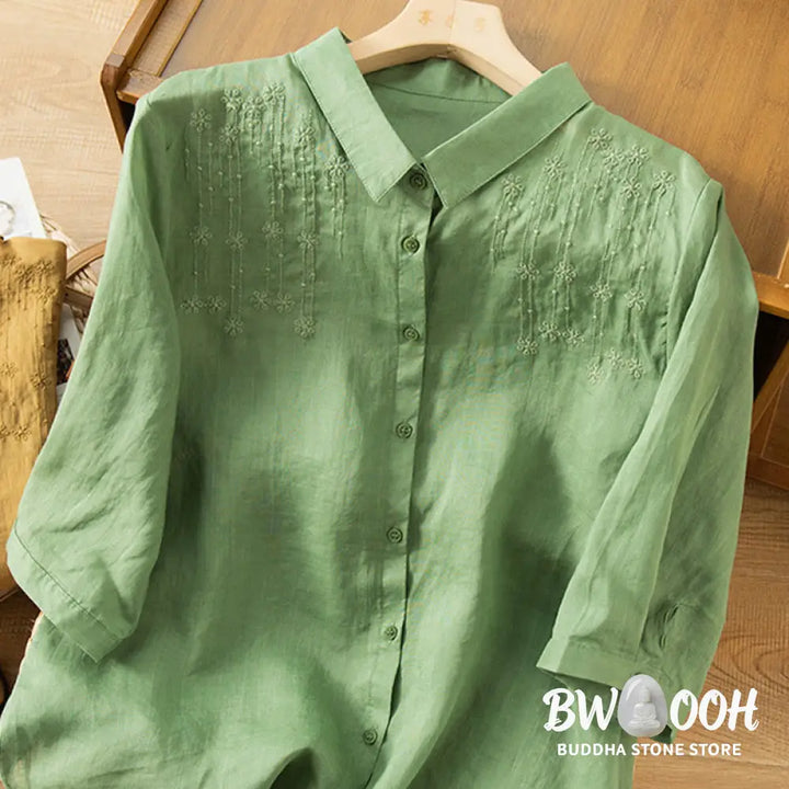 Buddha Stones Casual Women’s Embroidery Standing Collar Half Sleeve Design Cotton Linen Shirt - Women’s Shirts