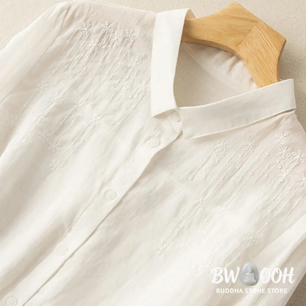 Buddha Stones Casual Women’s Embroidery Standing Collar Half Sleeve Design Cotton Linen Shirt - Women’s Shirts