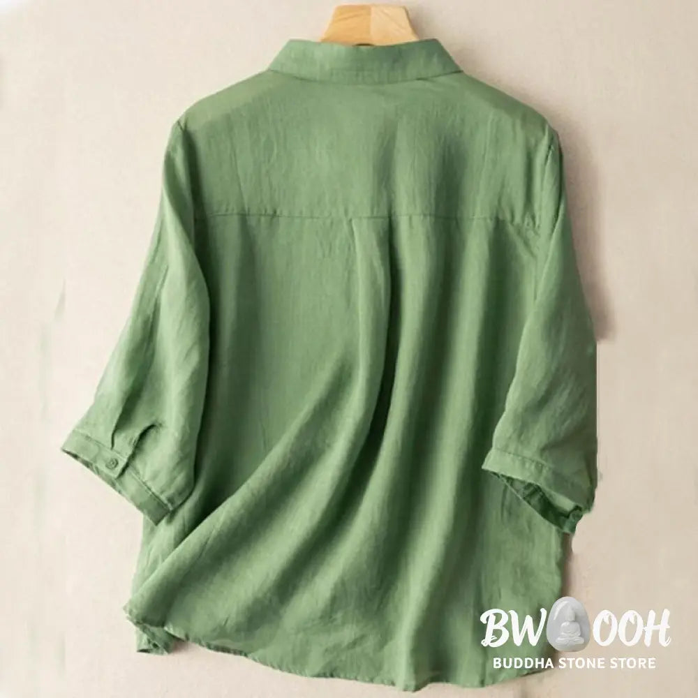 Buddha Stones Casual Women’s Embroidery Standing Collar Half Sleeve Design Cotton Linen Shirt - Women’s Shirts