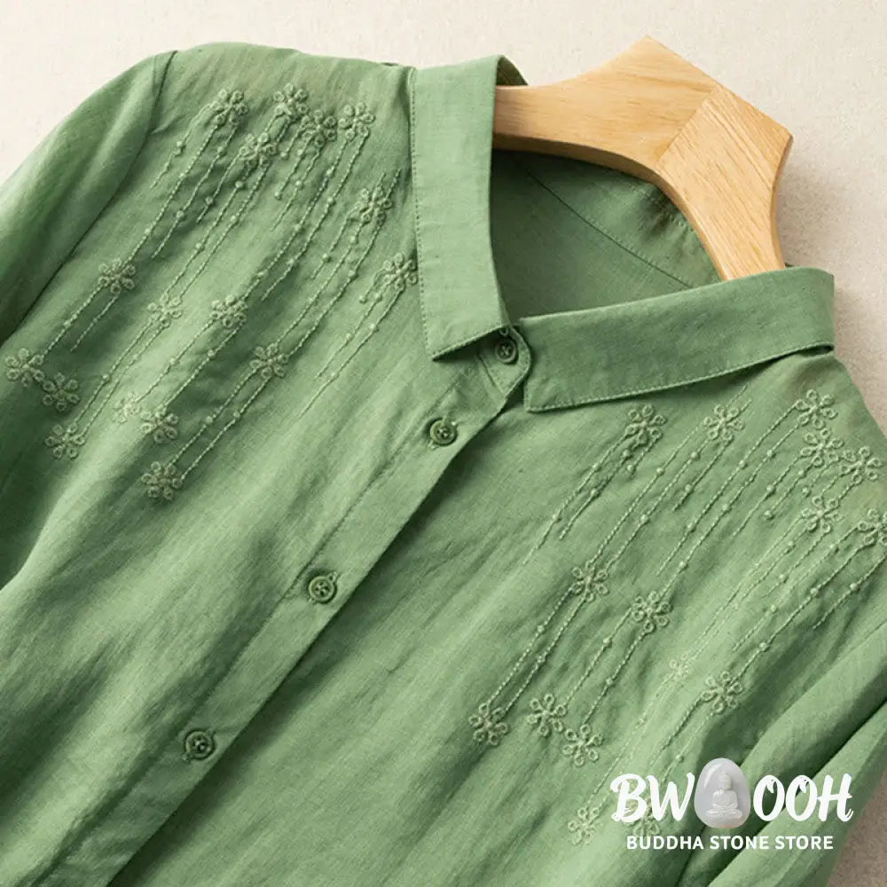 Buddha Stones Casual Women’s Embroidery Standing Collar Half Sleeve Design Cotton Linen Shirt - Women’s Shirts