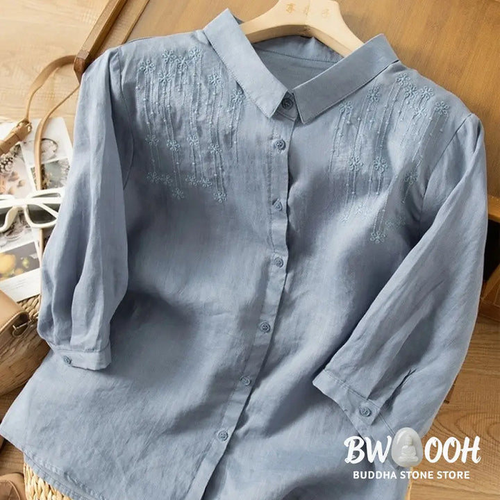 Buddha Stones Casual Women’s Embroidery Standing Collar Half Sleeve Design Cotton Linen Shirt - Women’s Shirts