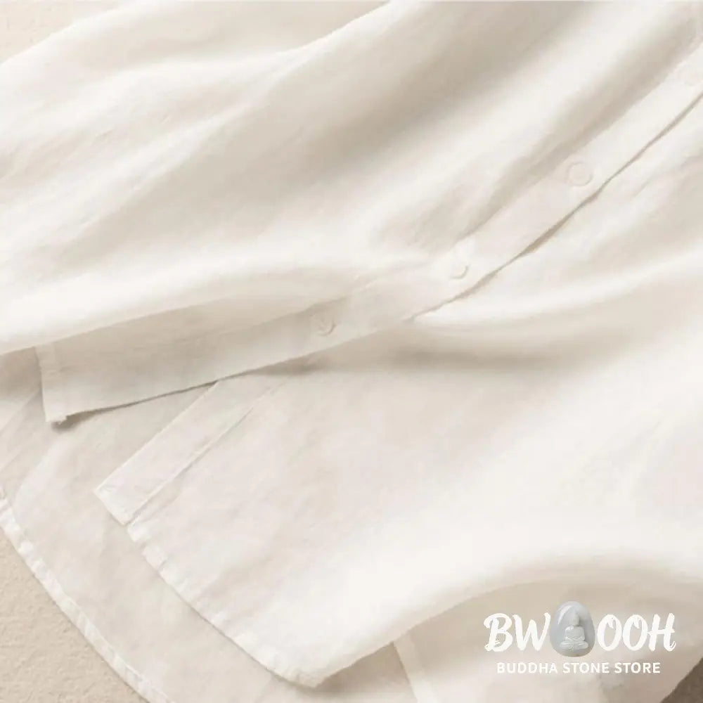 Buddha Stones Casual Women’s Embroidery Standing Collar Half Sleeve Design Cotton Linen Shirt - Women’s Shirts