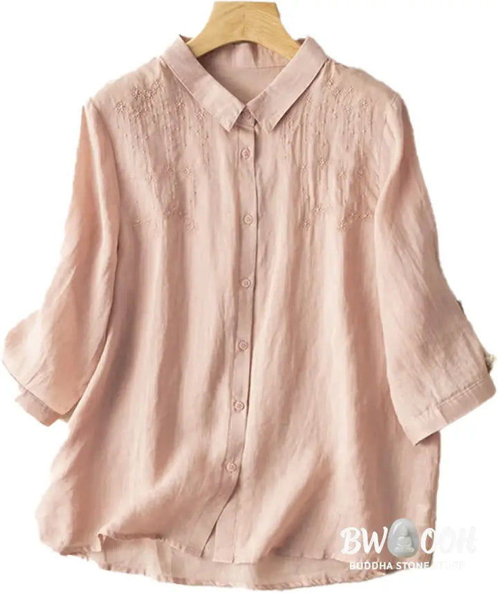 Buddha Stones Casual Women’s Embroidery Standing Collar Half Sleeve Design Cotton Linen Shirt - Women’s Shirts