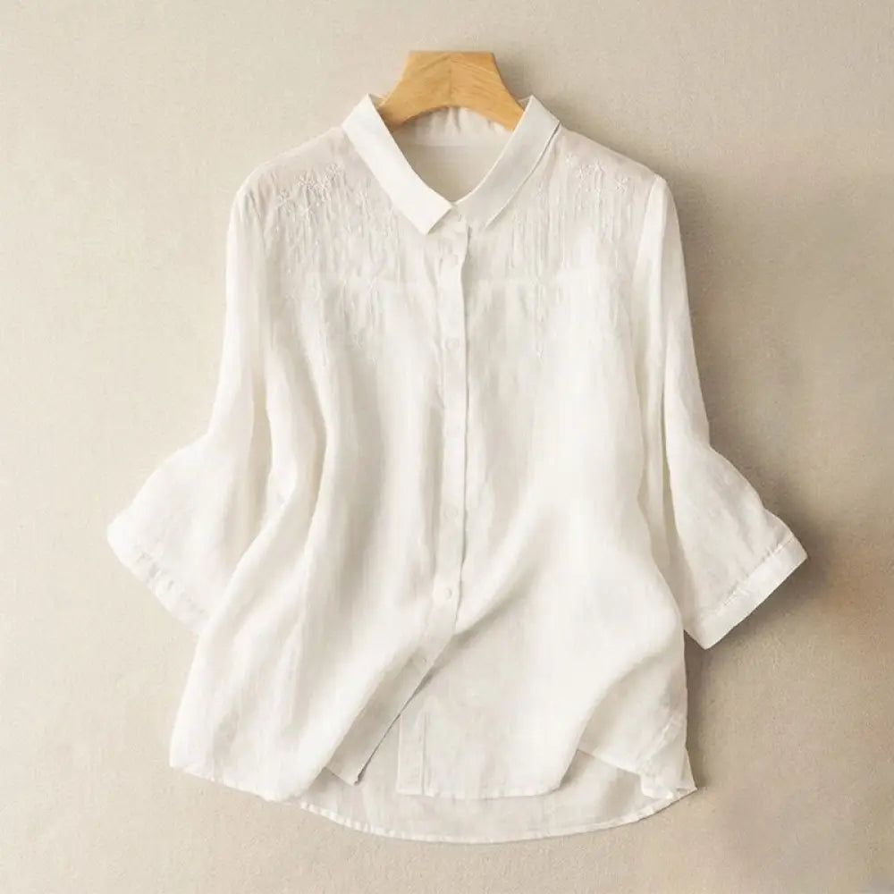 Buddha Stones Casual Women’s Embroidery Standing Collar Half Sleeve Design Cotton Linen Shirt - White / US4，UK/AU8，EU36