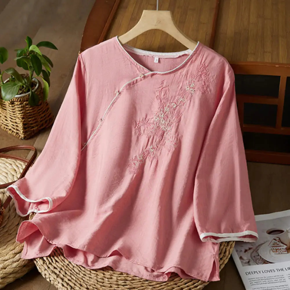 Buddha Stones Casual Women’s Flowers Embroidery Pattern Frog-button Slanted Collar Design Three Quarter Sleeve Cotton