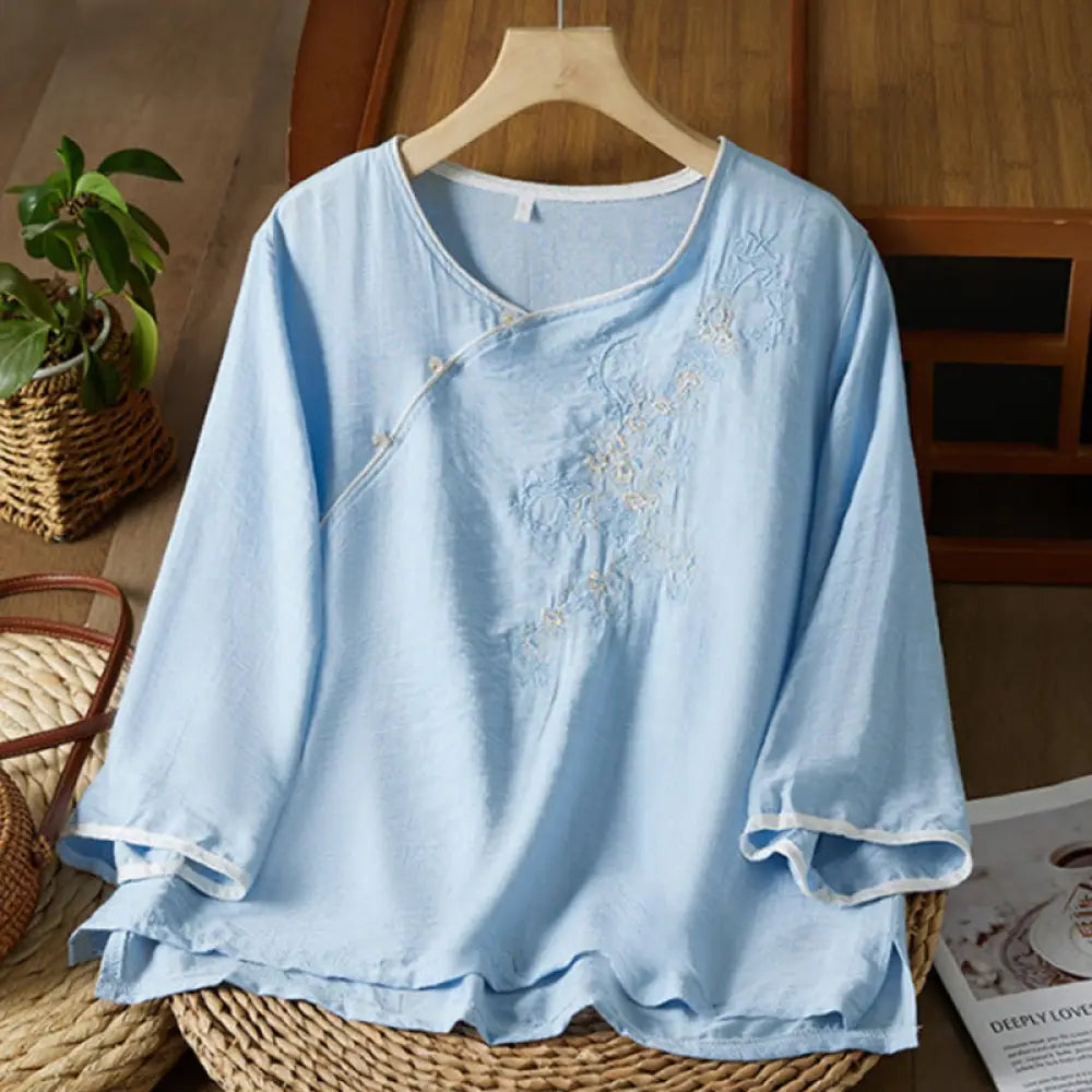 Buddha Stones Casual Women’s Flowers Embroidery Pattern Frog-button Slanted Collar Design Three Quarter Sleeve Cotton