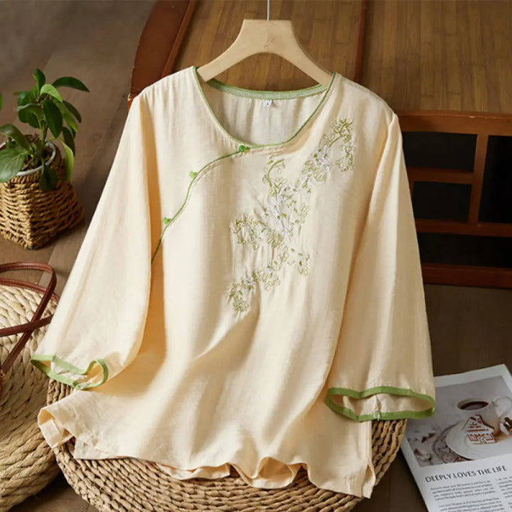 Buddha Stones Casual Women’s Flowers Embroidery Pattern Frog-button Slanted Collar Design Three Quarter Sleeve Cotton